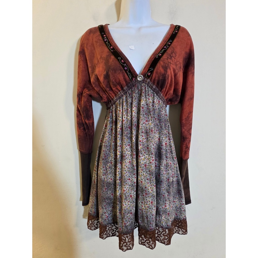Scrapbook Originals Boho Tie Dye Floral Lace Trim Tunic Dress Rust Brown Small
